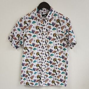 A-Lab Men's Button Down Shirt Mushrooms White Multicolor Short Sleeve Size M